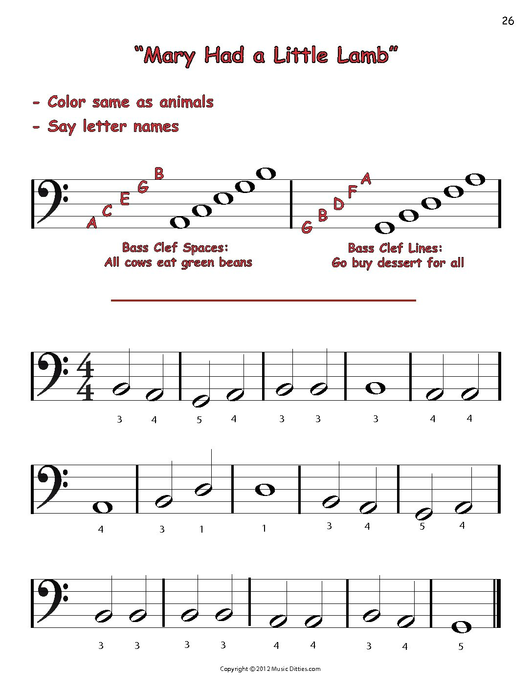 Color And Play Mary Had A Little Lamb Bass Clef Music Ditties